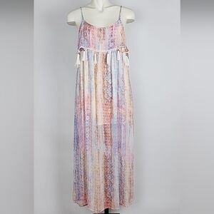 Design Lab Lord & Taylor Sleeveless Maxi Dress Pastel Multi Print Tassles Size M